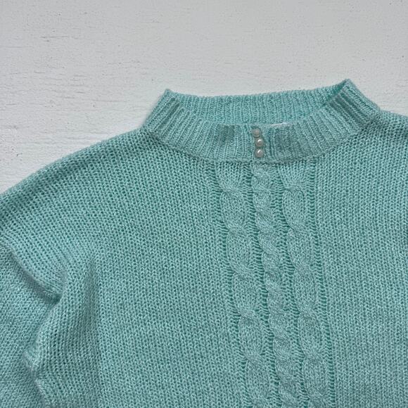 Vintage Sterling Harris Pearl Neck Sweater Medium Turquoise Cable Knit 80s - Picture 2 of 5